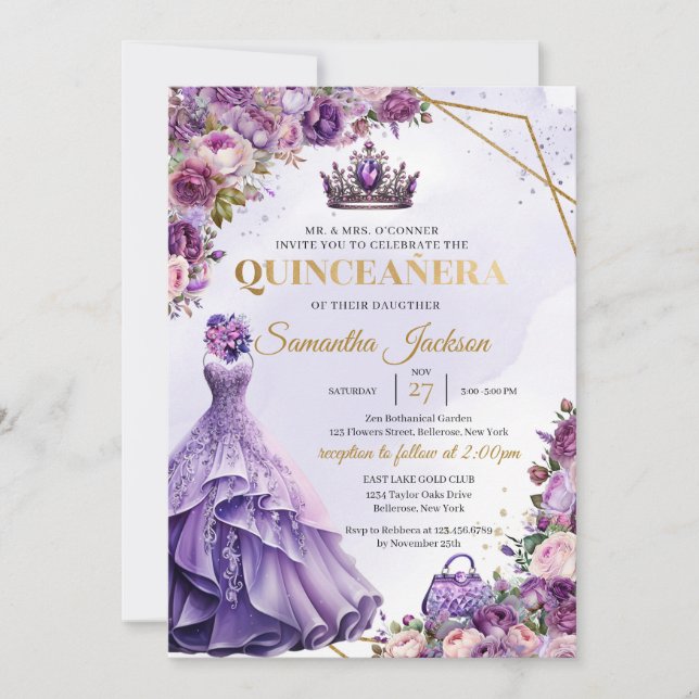Spring purple flowers Formal Dress Quinceanera  Invitation (Front)