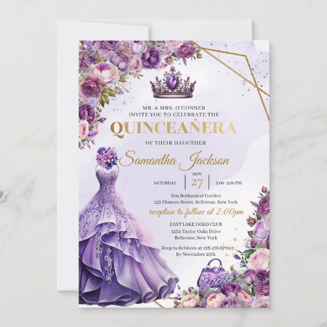 Spring purple flowers Princess Dress Quinceanera  Invitation (Front)