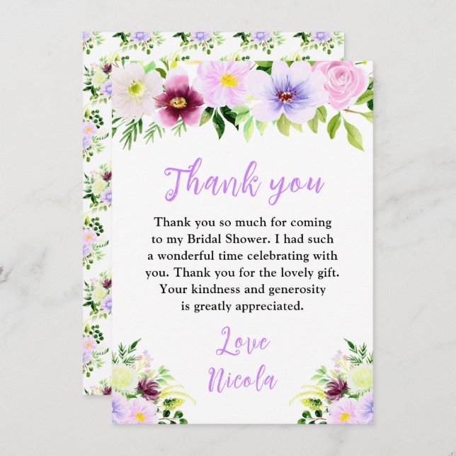 Spring Purple Flowers with Foliage Bridal Shower Thank You Card (Front/Back)