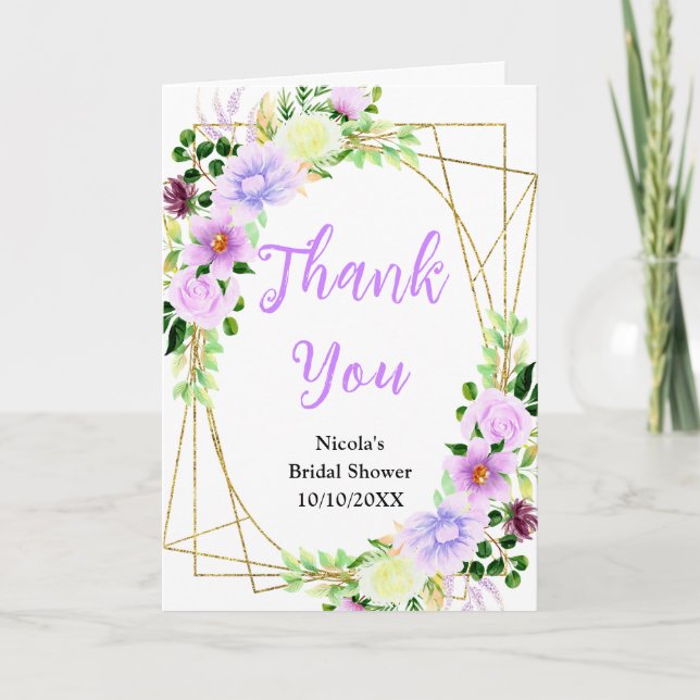 Spring Purple Flowers with Foliage Bridal Shower Thank You Card (Front)