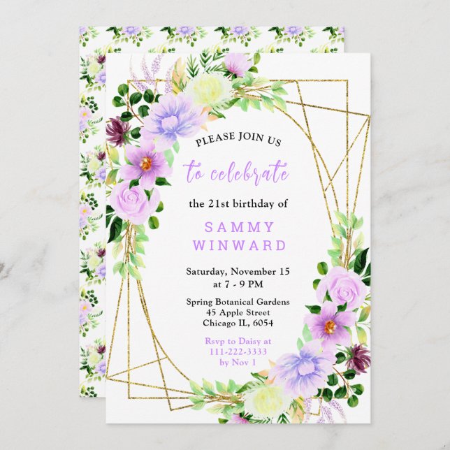 Spring Purple Flowers with Foliage Invitation (Front/Back)