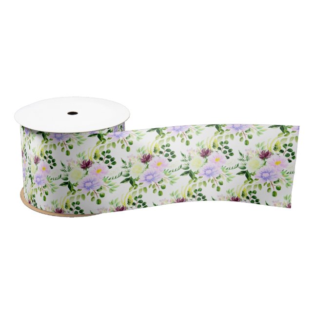 Spring Purple Flowers with Foliage Satin Ribbon (Spool)