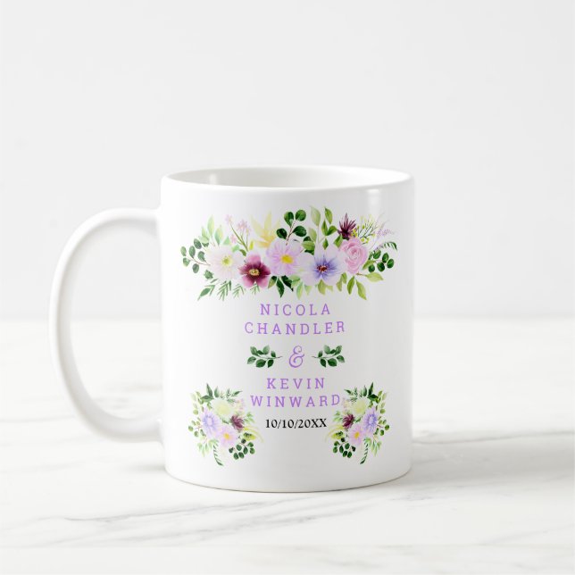 Spring Purple Flowers with Foliage Wedding Coffee Mug (Left)