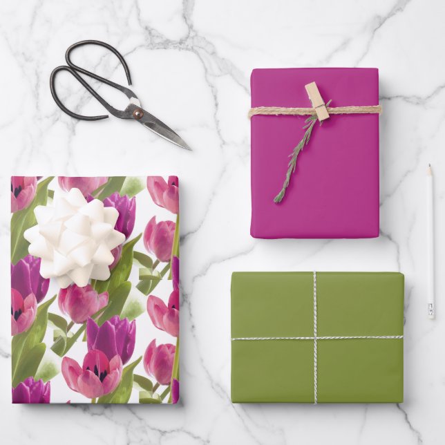 Spring Purple Pink Tulips with Solid Colour Wrapping Paper Sheet (Front)