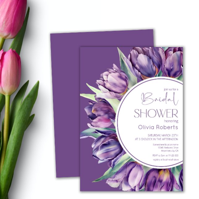 Spring purple tulips Watercolor Bridal shower Invitation (Creator Uploaded)