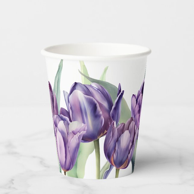 Spring purple watercolor tulips Bridal shower Paper Cups (Front)