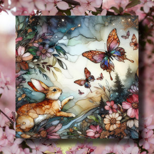 Spring Rabbit And Butterflies Stained Glass Easter Holiday Card