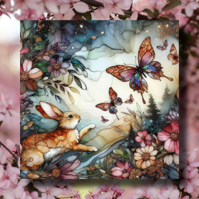 Spring Rabbit And Butterflies Stained Glass Easter Holiday Card (Creator Uploaded)