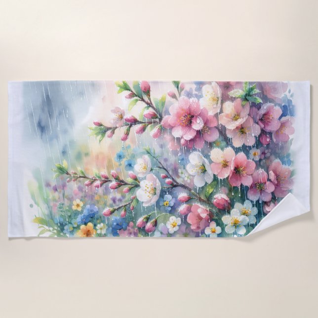 Spring Rain Blossom Watercolor Cottagecore Beach Towel (Front)