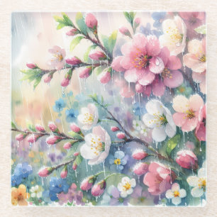 Spring Rain Blossom Watercolor Cottagecore Glass Coaster