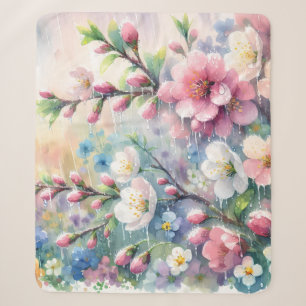 Spring Rain Blossom Watercolor Cottagecore Sherpa Blanket