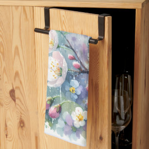 Spring Rain Blossom Watercolor Cottagecore Tea Towel