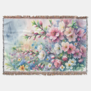 Spring Rain Blossom Watercolor Cottagecore Throw Blanket
