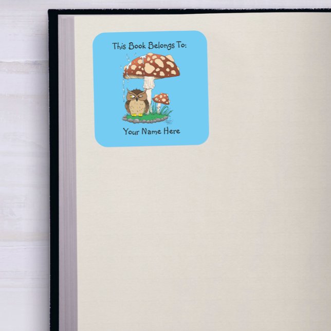 Spring Rain Shower Owl Mushroom Bookplate  Square Sticker (Creator Uploaded)