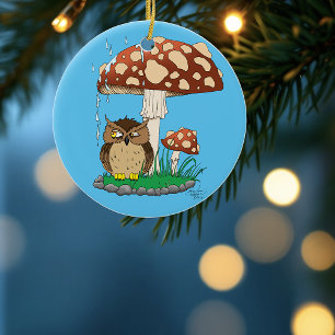 Spring Rain Shower Owl Mushroom Ceramic Tree Decoration