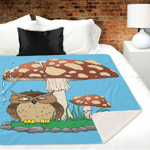 Spring Rain Shower Owl Mushroom Sherpa Blanket