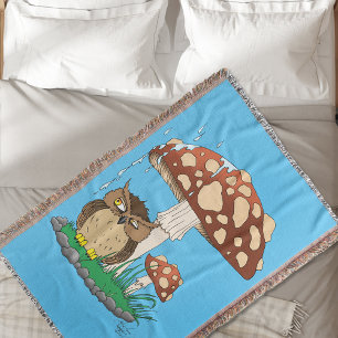 Spring Rain Shower Owl Mushroom Throw Blanket