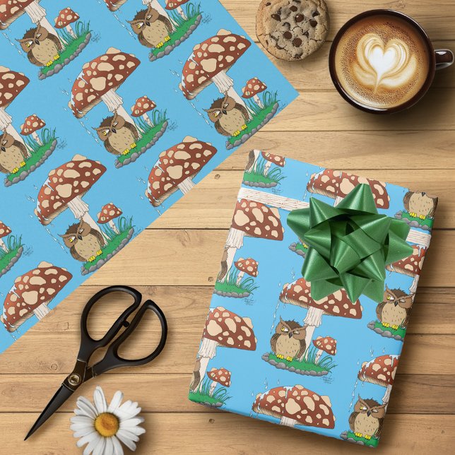 Spring Rain Shower Owl Mushroom Wrapping Paper (Creator Uploaded)