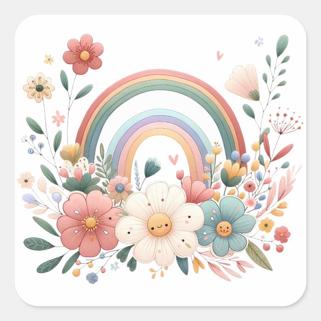 Spring Rainbow Flowers Square Sticker (Front)