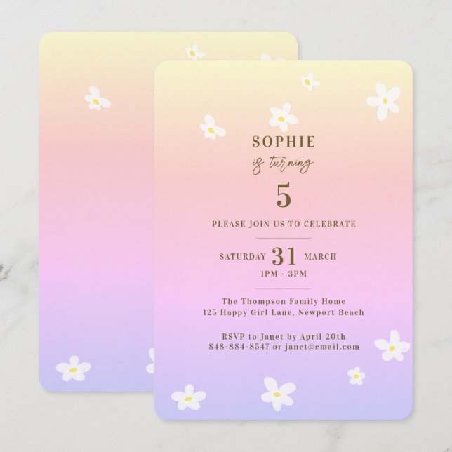 Spring Rainbow White Daisies Girl Birthday Party Invitation (Front/Back)