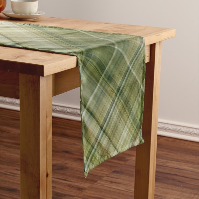 Spring Rains Cream, Tan, and Olive Green Plaid Short Table Runner (In Situ)