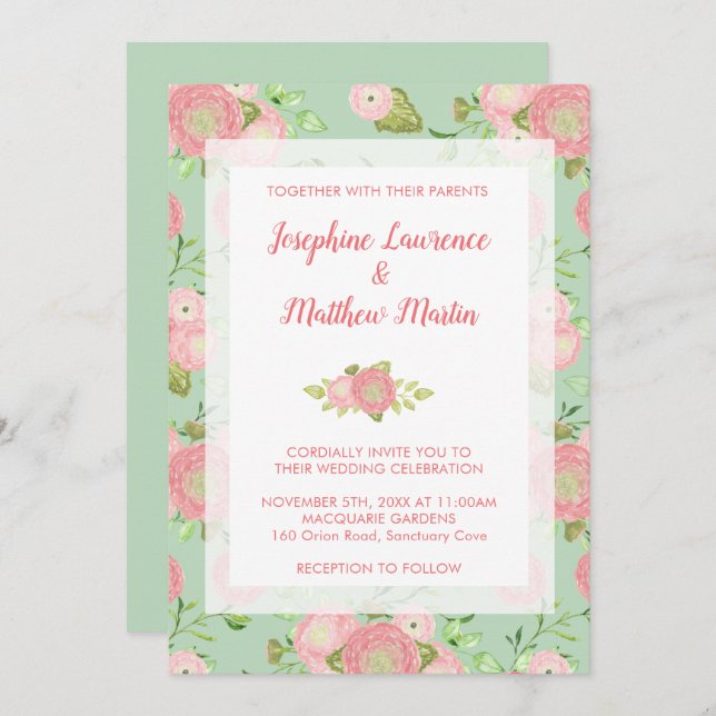 Spring Ranunculus Floral Mint Wedding Invitations (Front/Back)