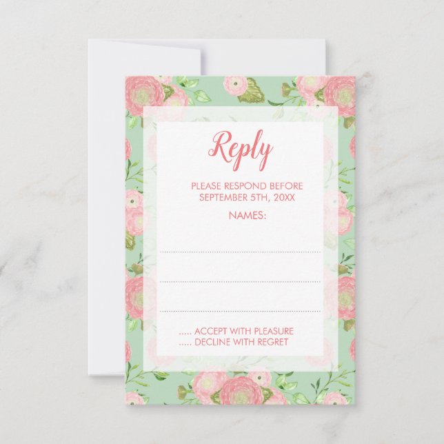 Spring Ranunculus Mint Floral Wedding Reply Cards (Front)