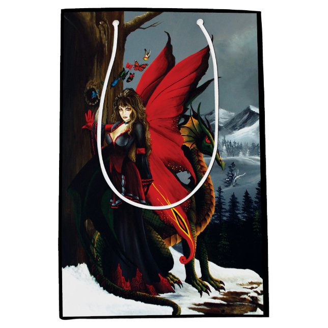 Spring Red Fairy Dragon Mother Nature Fantasy Medium Gift Bag (Front)