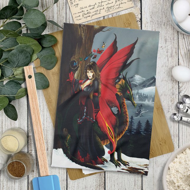Spring Red Fairy Dragon Mother Nature Fantasy Tea Towel (Creator Uploaded)