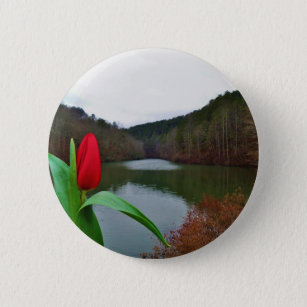 Spring Red Tulip at Lake Arrowhead 6 Cm Round Badge