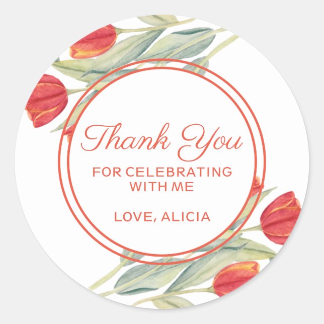 Spring Red Tulip Stylish Flora Birthday Thank You Classic Round Sticker (Front)