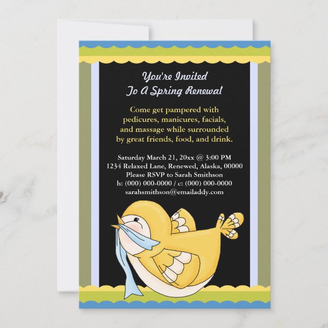 Spring Renewal Pedi Mani Facial Massage Bird Invitation (Front)