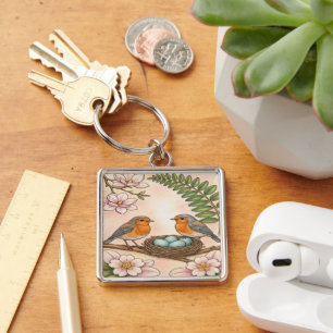 Spring Robin Nest & Magnolia Botanical Design Key Ring