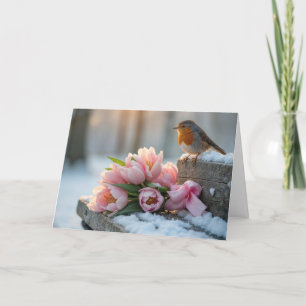Spring Robin With Pink Tulips Card