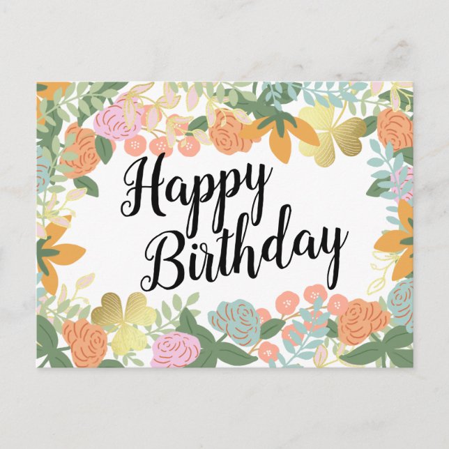 Spring Rose Bloom Clover Happy Birthday Postcard (Front)