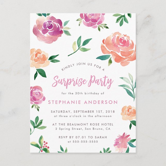 Spring Rose Surprise Birthday Party Invitations (Front)