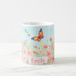 spring roses butterflies watercolor customisable coffee mug