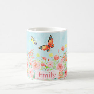 spring roses butterflies watercolor customisable coffee mug