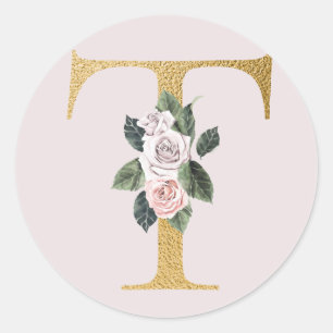 Spring roses gold initials sticker letter T