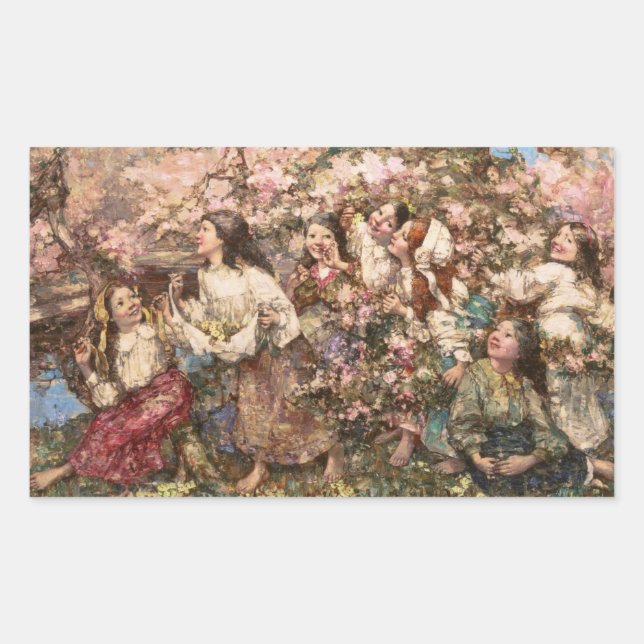 Spring Roundelay (by Edward Atkinson Hornel) Rectangular Sticker (Front)
