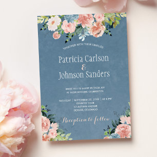 Spring rustic dusty blue and blush floral wedding invitation