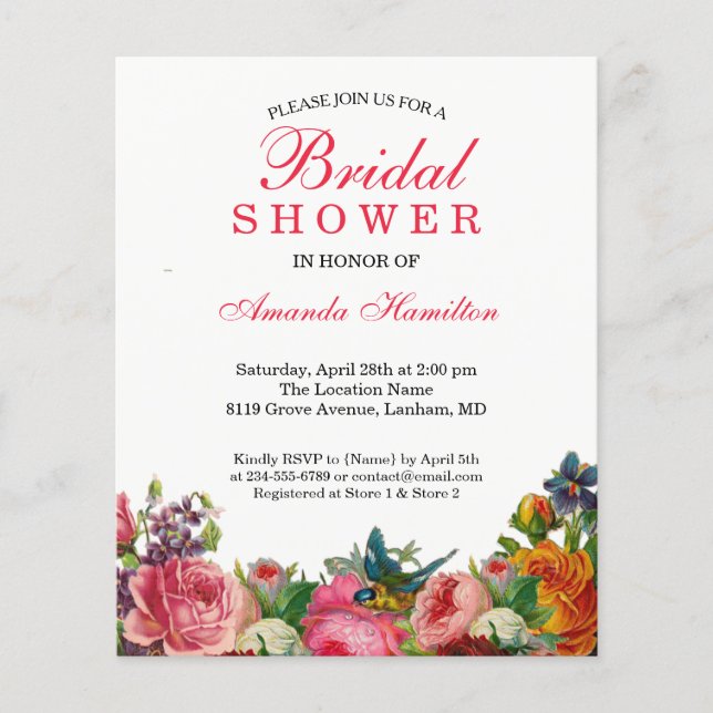 Spring rustic Floral pink BIRD Bridal Shower (Front)