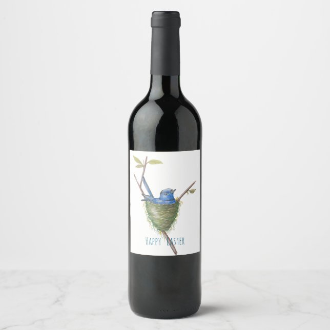 Spring’s Charm: Adorable Bird in a Nest Wine Label (Front)