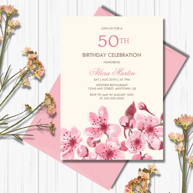 Spring Sakura Cherry Blossom Pink Cream Birthday Invitation (Creator Uploaded)