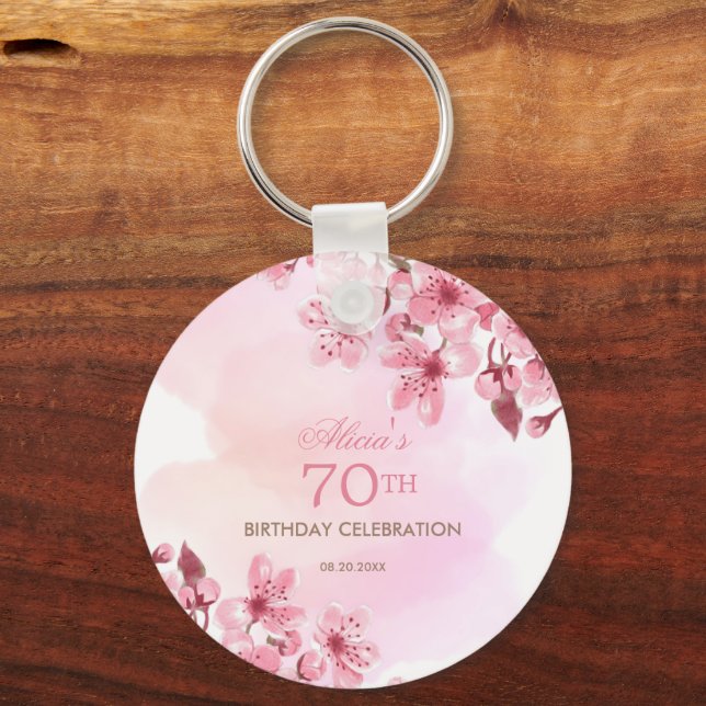 Spring Sakura Cherry Blossom Pink Cream Birthday Key Ring (Back)