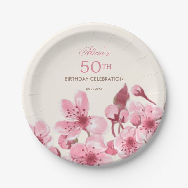 Spring Sakura Cherry Blossom Pink Cream Birthday Paper Plate (Front)