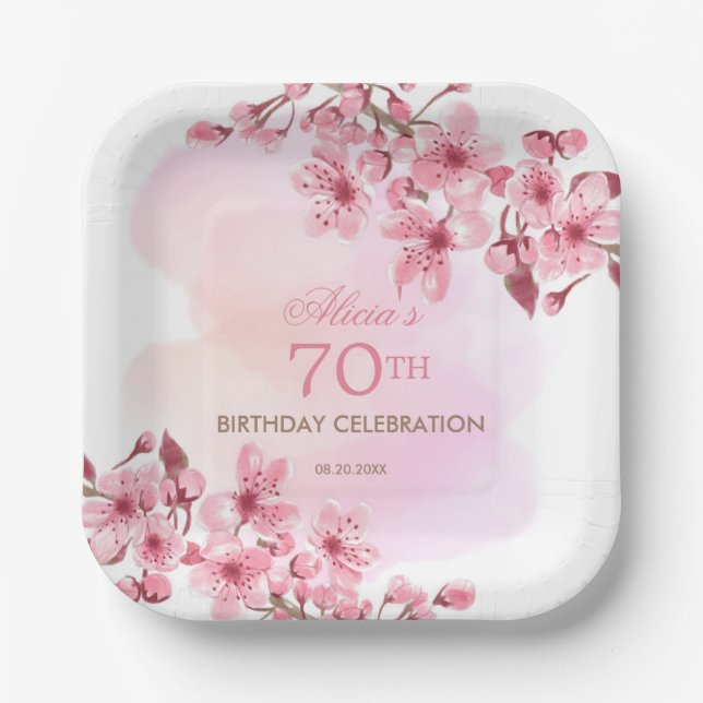 Spring Sakura Cherry Blossom Pink Cream Birthday Paper Plate (Front)