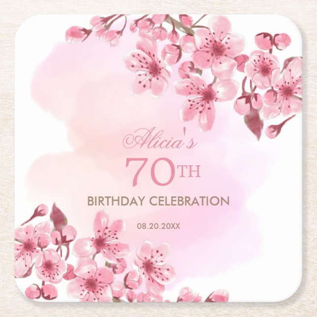 Spring Sakura Cherry Blossom Pink Cream Birthday Square Paper Coaster (Front)