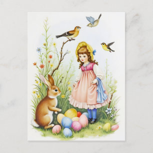 Spring Scene with Girl, Rabbit and Easter Eggs Holiday Postcard