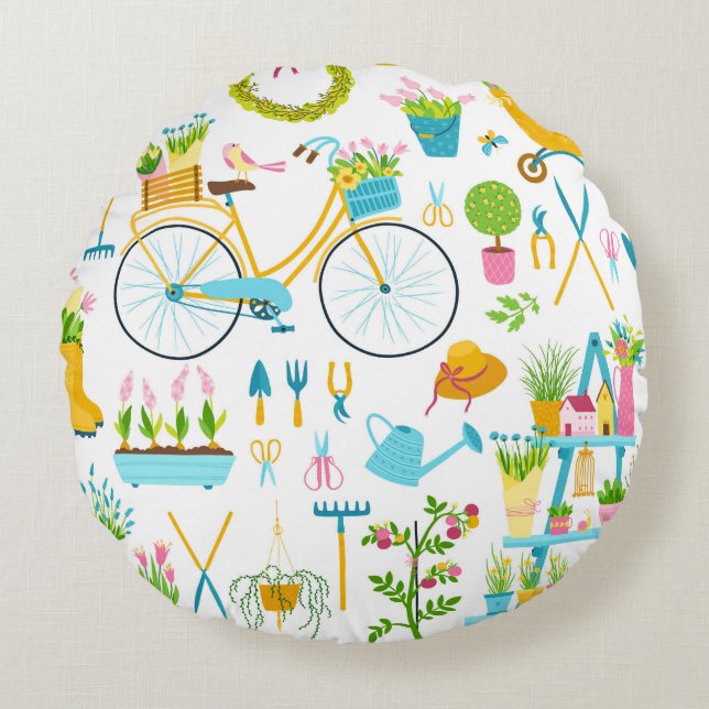 Spring seamless pattern in simple hand-drawn carto round cushion (Front)